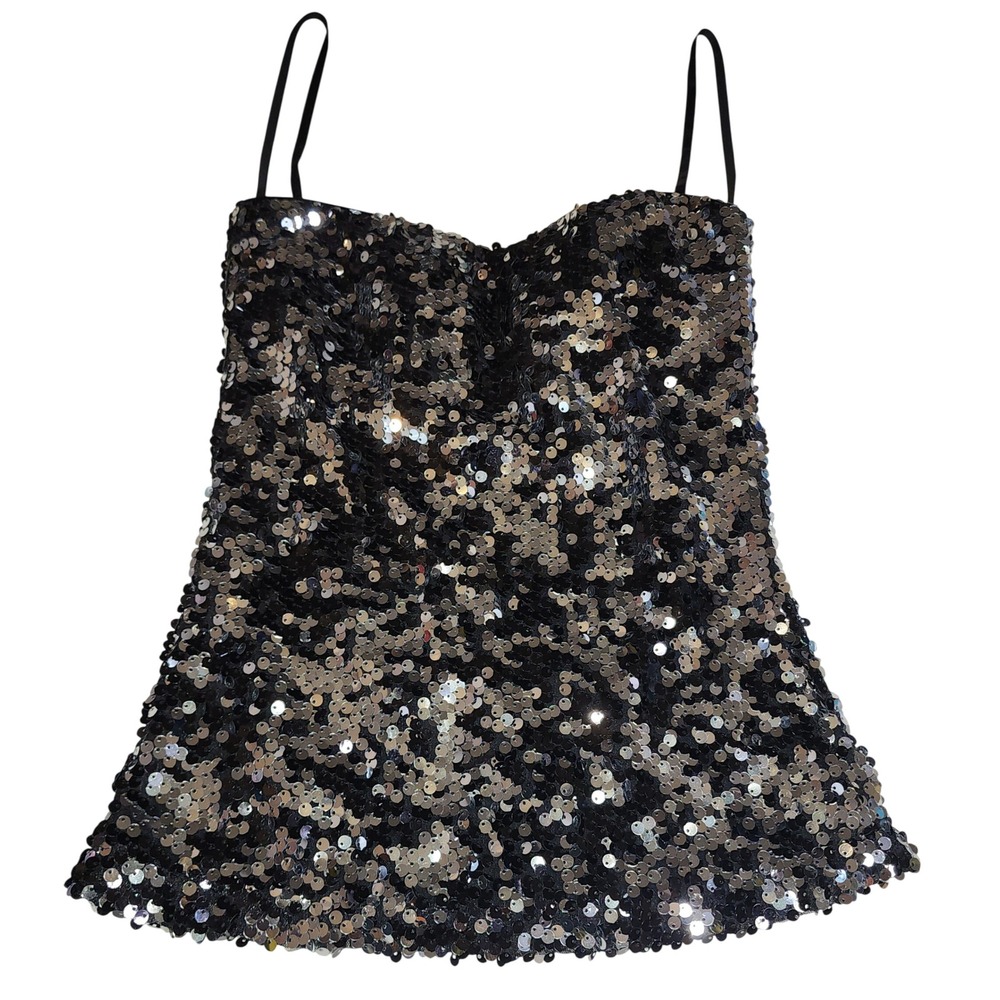 Y2K Fredericks of Hollywood Black Silver Sequin Camisole Sweetheart Top Size S